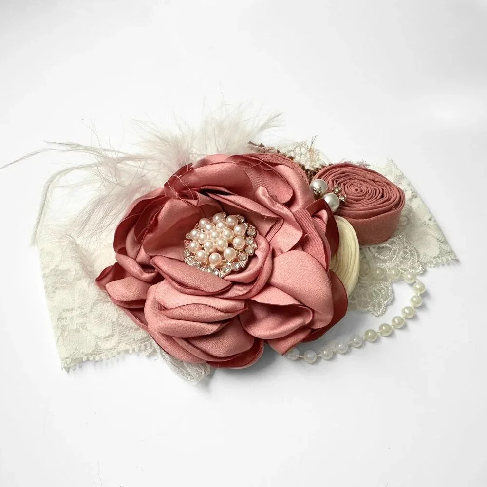 NWT Pretty Vintage Inspired Girls Headband Floral Beaded Lace Blush Mauve OS